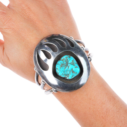 6.4" heavy vintage Navajo sterling silver turquoise bear paw cuff bracelet