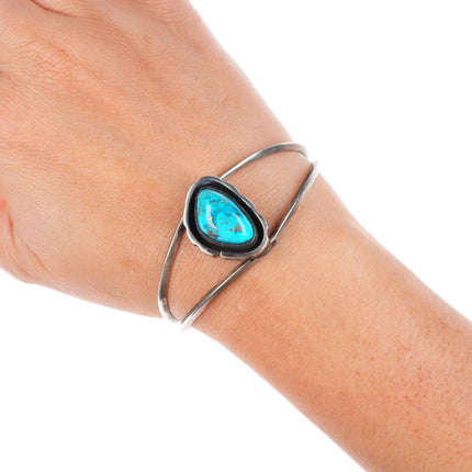 6.3" vintage Navajo sterling silver shadowbox cuff bracelet with nice turquoise