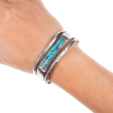 6.4" vintage Zuni sterling silver turquoise inlay carinated  cuff bracelet
