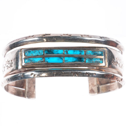 6.4" vintage Zuni sterling silver turquoise inlay carinated  cuff bracelet