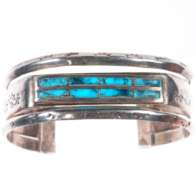 6.4" vintage Zuni sterling silver turquoise inlay carinated  cuff bracelet