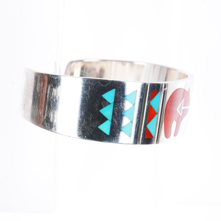 6.4" RN Laconsello Zuni sterling silver turquoise/coral inlay bear cuff bracelet