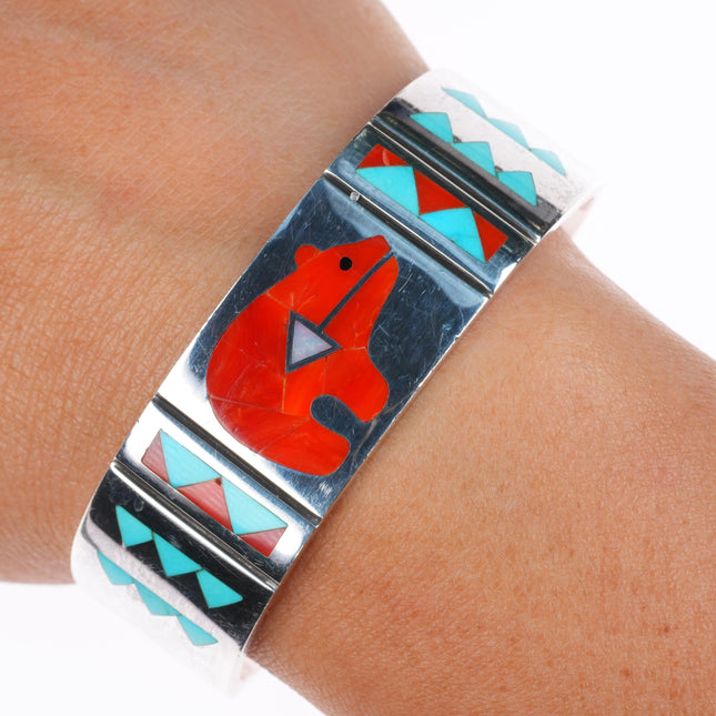 6.4" RN Laconsello Zuni sterling silver turquoise/coral inlay bear cuff bracelet