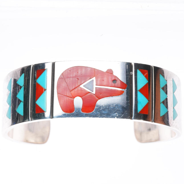 6.4" RN Laconsello Zuni sterling silver turquoise/coral inlay bear cuff bracelet