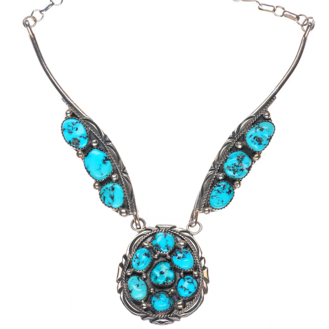 19.5" Vintage Navajo sterling silver turquoise bib necklace sterling silver