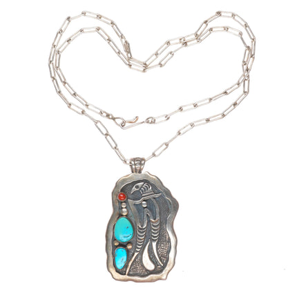 Allen Pooyouma Hopi sterling silver turquoise and coral pendant necklace