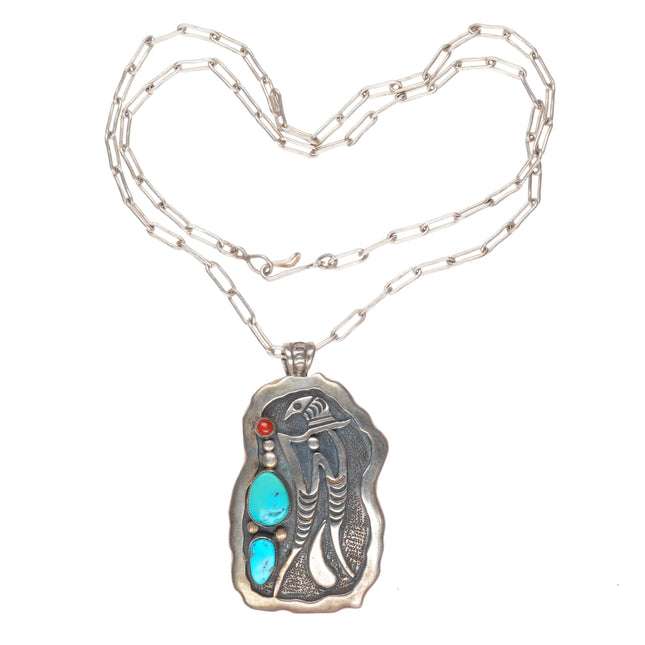 Allen Pooyouma Hopi sterling silver turquoise and coral pendant necklace