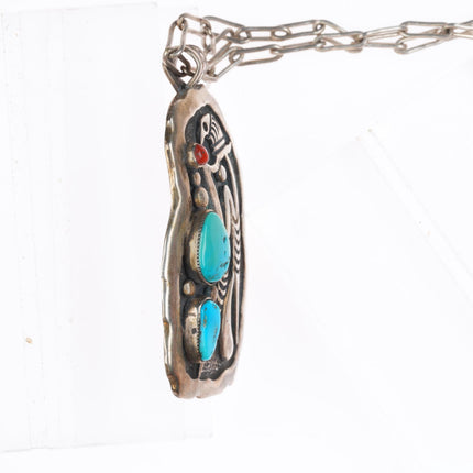 Allen Pooyouma Hopi sterling silver turquoise and coral pendant necklace