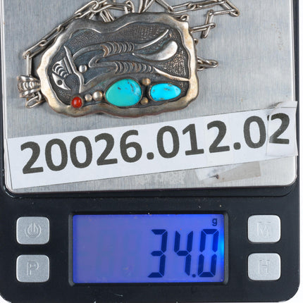 Allen Pooyouma Hopi sterling silver turquoise and coral pendant necklace