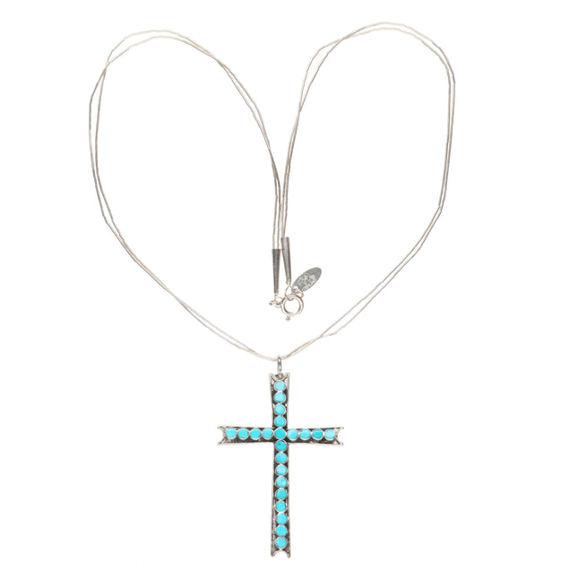 Vintage Zuni sterling silver Dishta style flush inlay turquoise cross pendant
