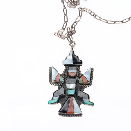 1940's-50's Zuni sterling silver knifewing inlay pendant on paperclip necklace