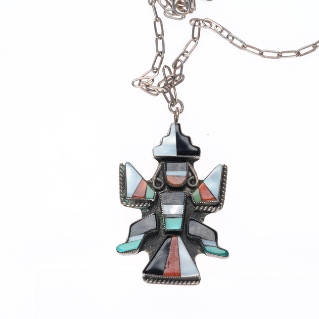 1940's-50's Zuni sterling silver knifewing inlay pendant on paperclip necklace