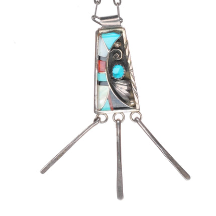 18" vintage FY Zuni or Navajo sterling silver turquoise intarsia inlay pendant
