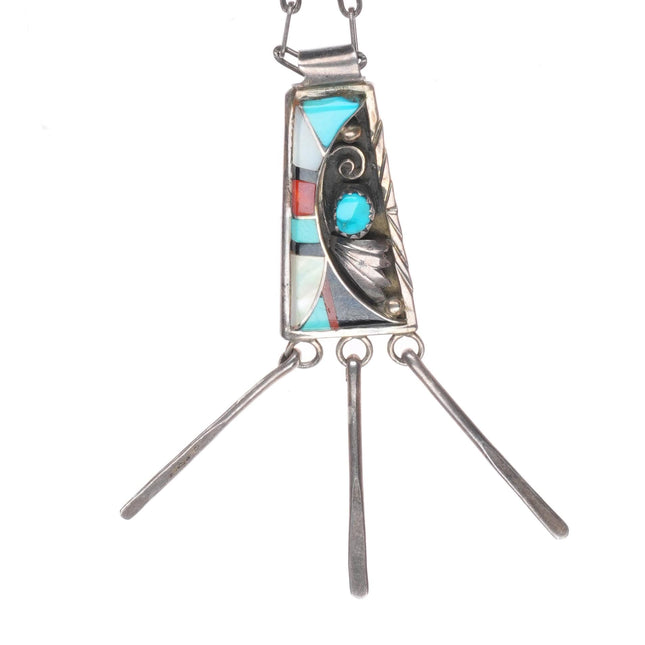 18" vintage FY Zuni or Navajo sterling silver turquoise intarsia inlay pendant