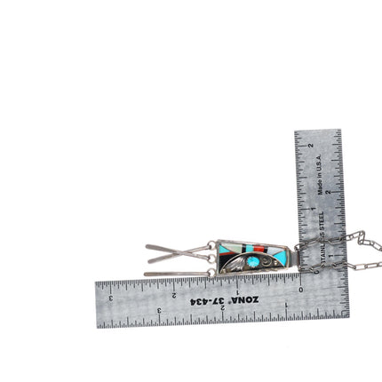 18" vintage FY Zuni or Navajo sterling silver turquoise intarsia inlay pendant
