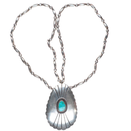 27" vintage Navajo sterling silver shield pendant shadowbox turquoise/necklace