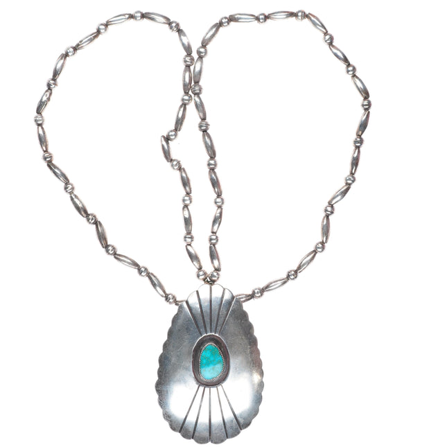 27" vintage Navajo sterling silver shield pendant shadowbox turquoise/necklace