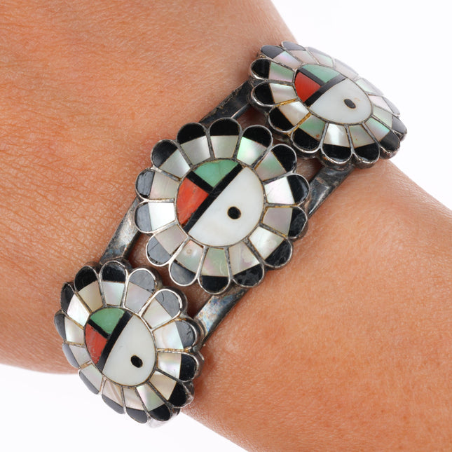6.2" vintage Zuni sterling silver sunface shell/turquoise/coral cuff bracelet