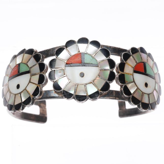 6.2" vintage Zuni sterling silver sunface shell/turquoise/coral cuff bracelet