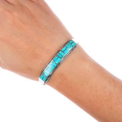 6.25" vintage Zuni sterling silver channel inlay stamped edge cuff bracelet