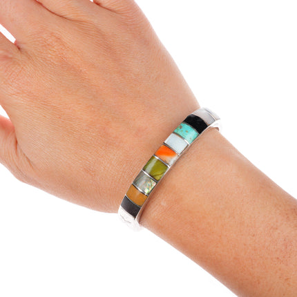 6.1" vintage Zuni sterling silver stone/shell inlay stamped cuff bracelet