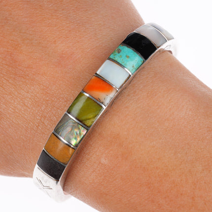 6.1" vintage Zuni sterling silver stone/shell inlay stamped cuff bracelet