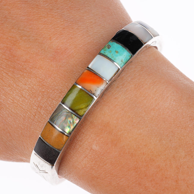 6.1" vintage Zuni sterling silver stone/shell inlay stamped cuff bracelet