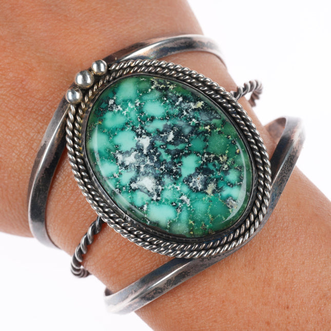 6" vintage Navajo sterling silver green waterweb turquoise cuff bracelet