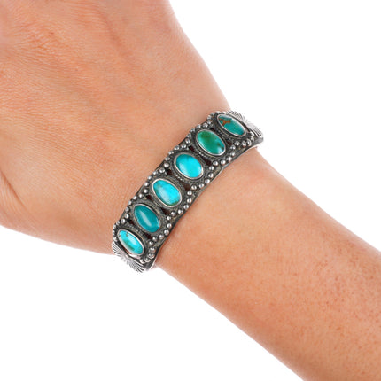 6.5" 1930's vintage Navajo carinated sterling silver turquoise row cuff bracelet