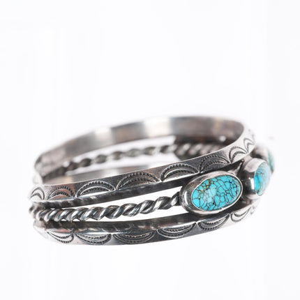 6" c1940 vintage Navajo carinated sterling silver #8 turquoise row cuff bracelet