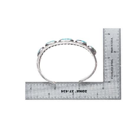 6" c1940 vintage Navajo carinated sterling silver #8 turquoise row cuff bracelet