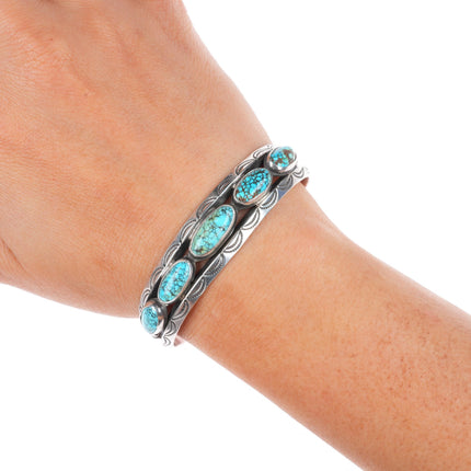 6" c1940 vintage Navajo carinated sterling silver #8 turquoise row cuff bracelet