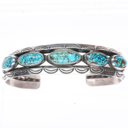 6" c1940 vintage Navajo carinated sterling silver #8 turquoise row cuff bracelet