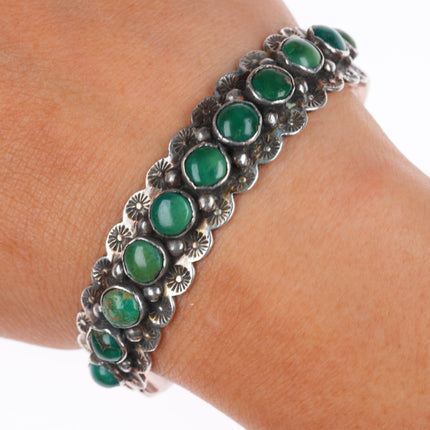 6.5" c1940 vintage Navajo Cerrillos turquoise sterling silver row cuff bracelet