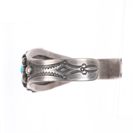 6.5" c1930's vintage Navajo stamped ingot silver turquoise cluster cuff bracelet