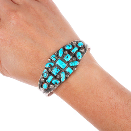 6.5" c1930's vintage Navajo stamped ingot silver turquoise cluster cuff bracelet