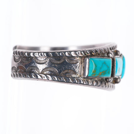 6.25" c1940's vintage Navajo stamped sterling silver turquoise row cuff bracelet