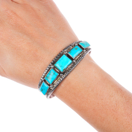 6.25" c1940's vintage Navajo stamped sterling silver turquoise row cuff bracelet
