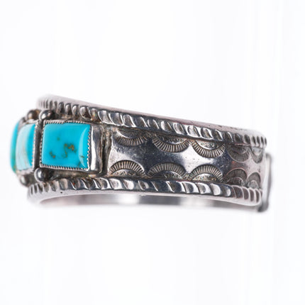 6.25" c1940's vintage Navajo stamped sterling silver turquoise row cuff bracelet