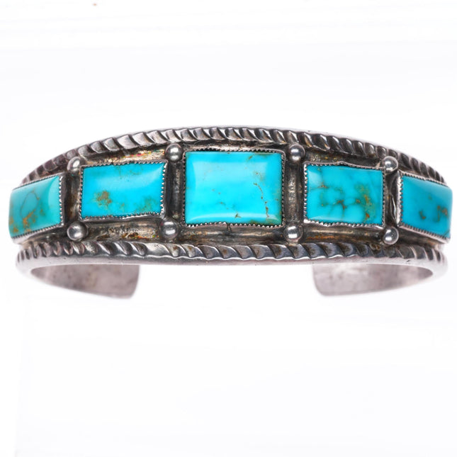 6.25" c1940's vintage Navajo stamped sterling silver turquoise row cuff bracelet