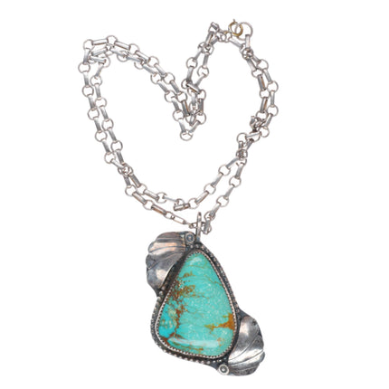 24" vintage Navajo sterling silver paperclip necklace with green turquoise pendant