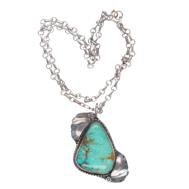 24" vintage Navajo sterling silver paperclip necklace with green turquoise pendant