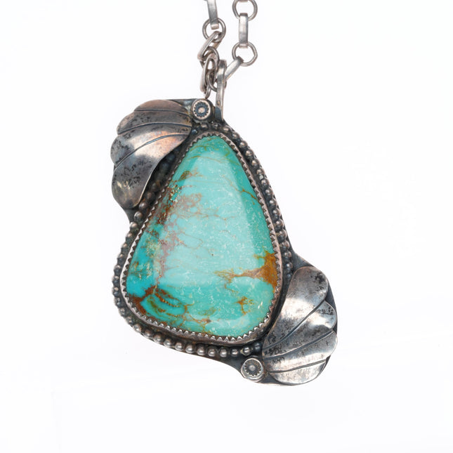24" vintage Navajo sterling silver paperclip necklace with green turquoise pendant