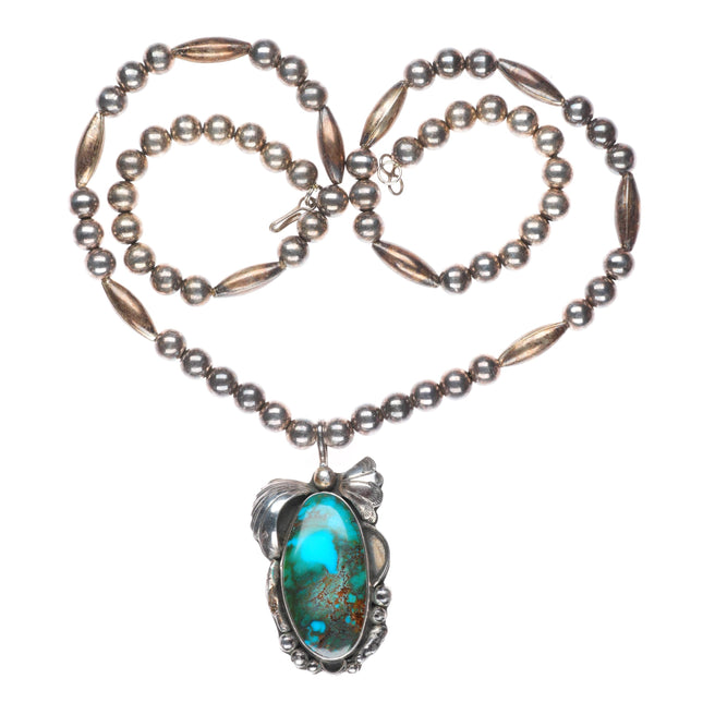 28" vintage Navajo sterling silver beaded necklace-high grade turquoise pendant