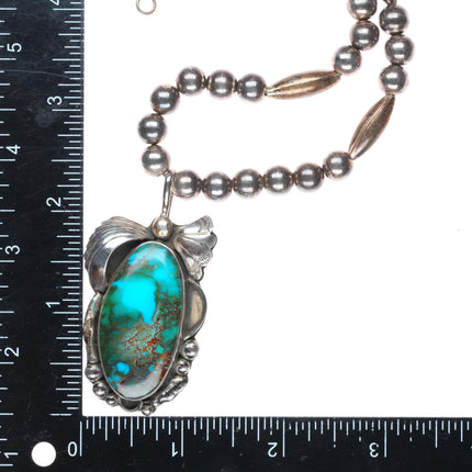 28" vintage Navajo sterling silver beaded necklace-high grade turquoise pendant