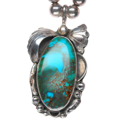 28" vintage Navajo sterling silver beaded necklace-high grade turquoise pendant