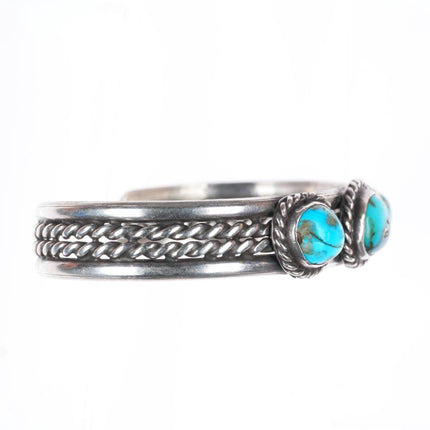 6.4" vintage Navajo sterling silver twisted wire turquoise cuff bracelet 3 stone