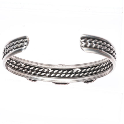 6.4" vintage Navajo sterling silver twisted wire turquoise cuff bracelet 3 stone