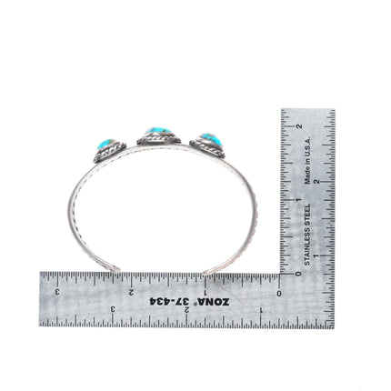 6.4" vintage Navajo sterling silver twisted wire turquoise cuff bracelet 3 stone