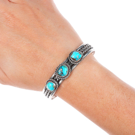 6.4" vintage Navajo sterling silver twisted wire turquoise cuff bracelet 3 stone
